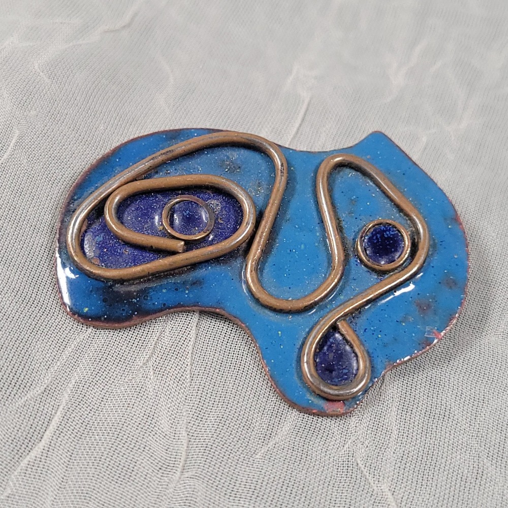 Abstract Enamel Brooch Blue Copper Wire Mid Century Modern Art Jewelry